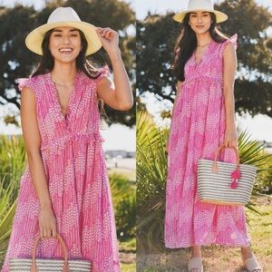 Banjanan Constance Pink Maiden Grass Raspberry Rose Midi Dress Size XS